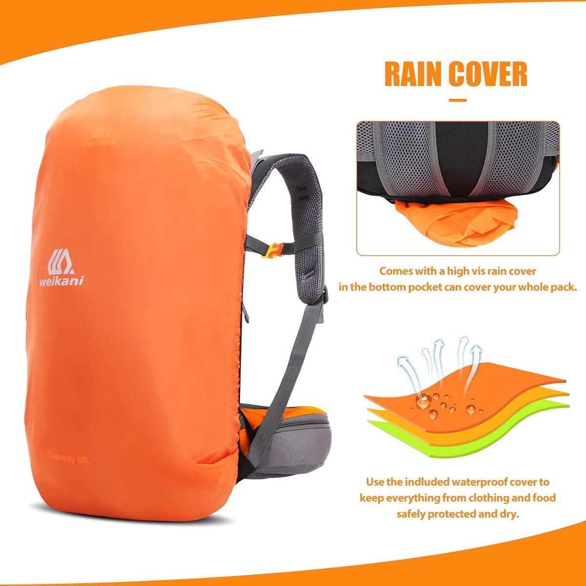 Backpack Trekkingrugzak 60L Heren Dames Wandelrugzak Waterdicht met regenhoes voor bergbeklimmen, klimmen, trekking, sport, reizen, kamperen