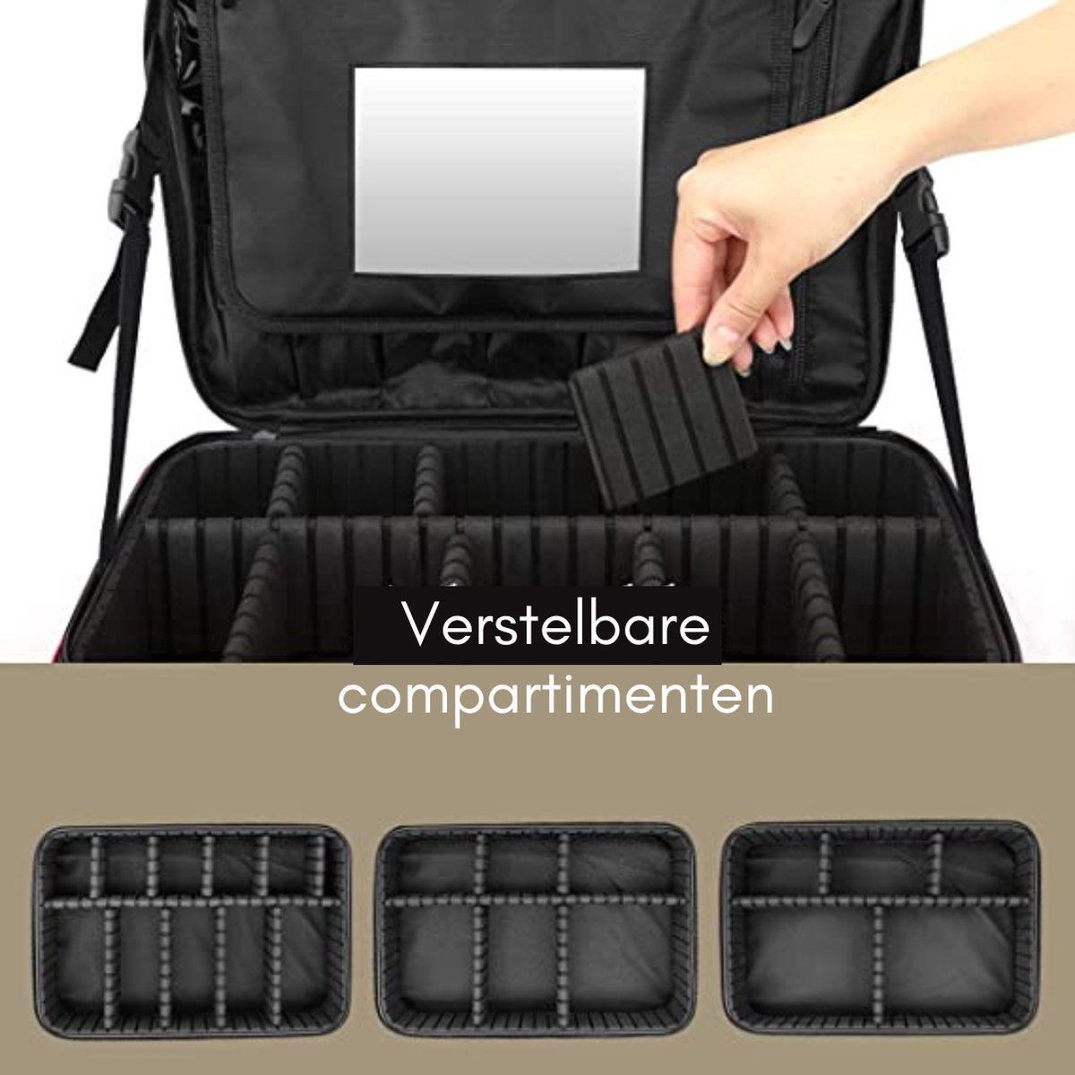 Visagie Trolley - Reizen - Make-up Tas - Cosmetica Koffer - 3 Lagen Groot Professioneel Cosmetisch - Trein Koffer - Draagbaar - Make-up - Kwastenhouder - Organizer - Artiesten Opbergtas Met Schouderriem Spiegel - Zwart