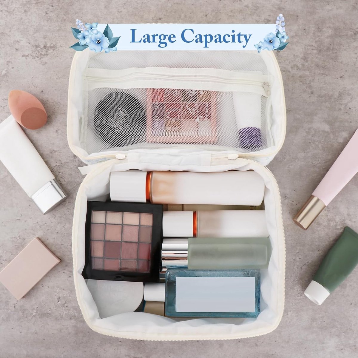 Gewatteerde Katoenen Make-up Tas - Blauwe Bloemen Reizen Cosmetische Tas Grote Esthetische Tas met Compartimenten voor Dames Meisjes Toilettas Organisator Blauw Groot