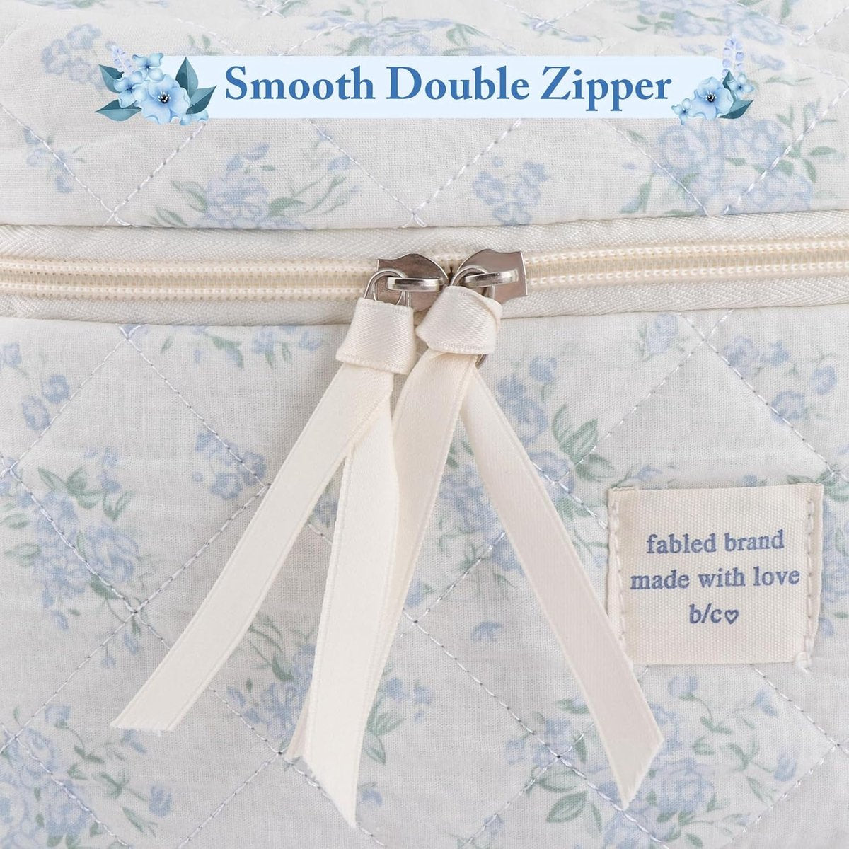 Gewatteerde Katoenen Make-up Tas - Blauwe Bloemen Reizen Cosmetische Tas Grote Esthetische Tas met Compartimenten voor Dames Meisjes Toilettas Organisator Blauw Groot