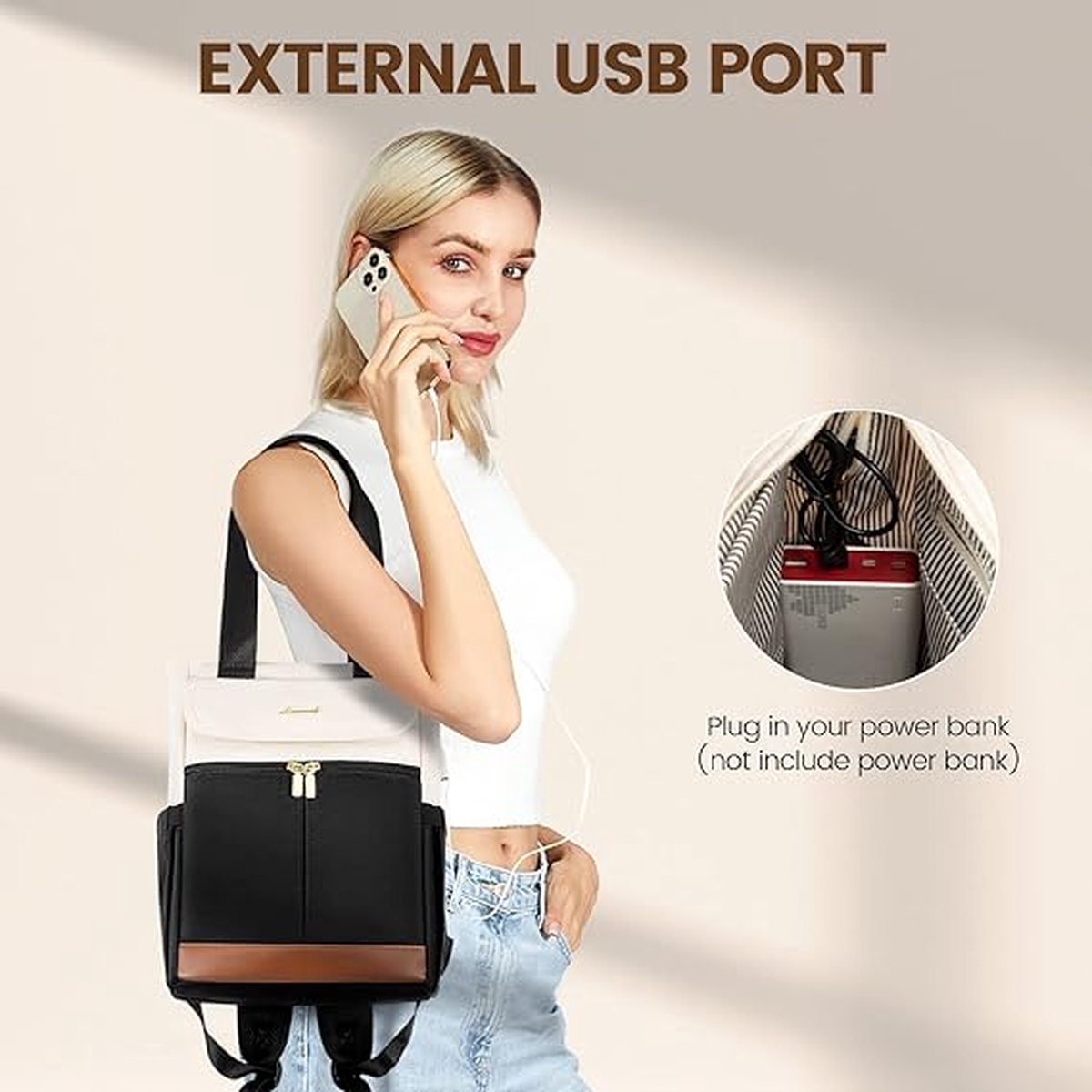 Small backpack 2-piece - Black/beige/brown - USB charging port - 2 pieces - Backpack for women - School, work, office, travel