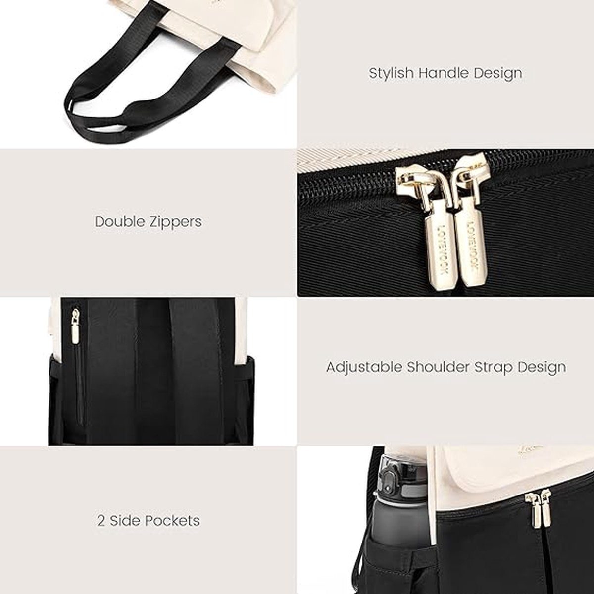 Small backpack 2-piece - Black/beige/brown - USB charging port - 2 pieces - Backpack for women - School, work, office, travel