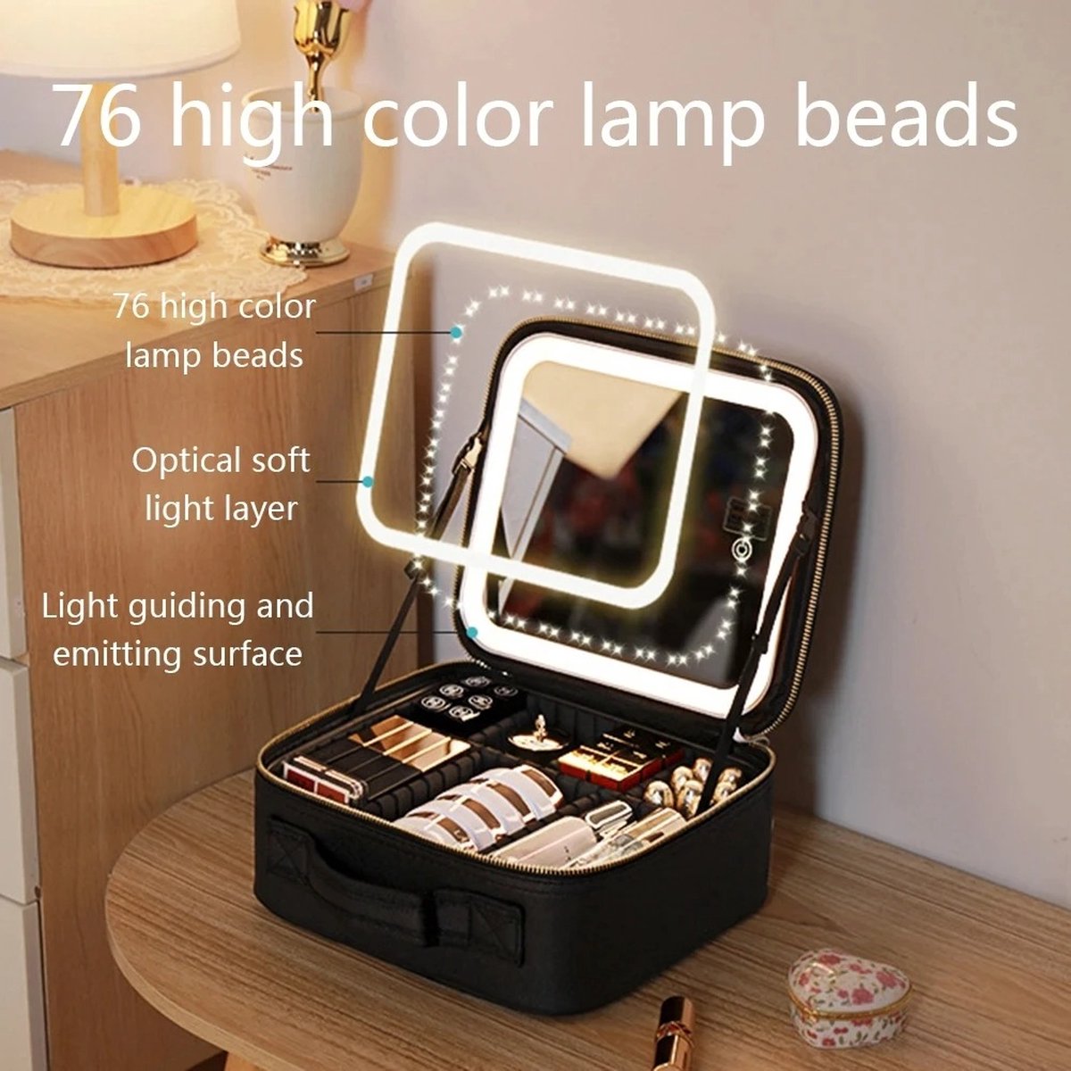 Make-upkoffer - Beautycase - Met verlichte LED-spiegel - Touchscreen - 23 x 26 x 15 cm - Opbergtas Make-up - Reistas - Zwart
