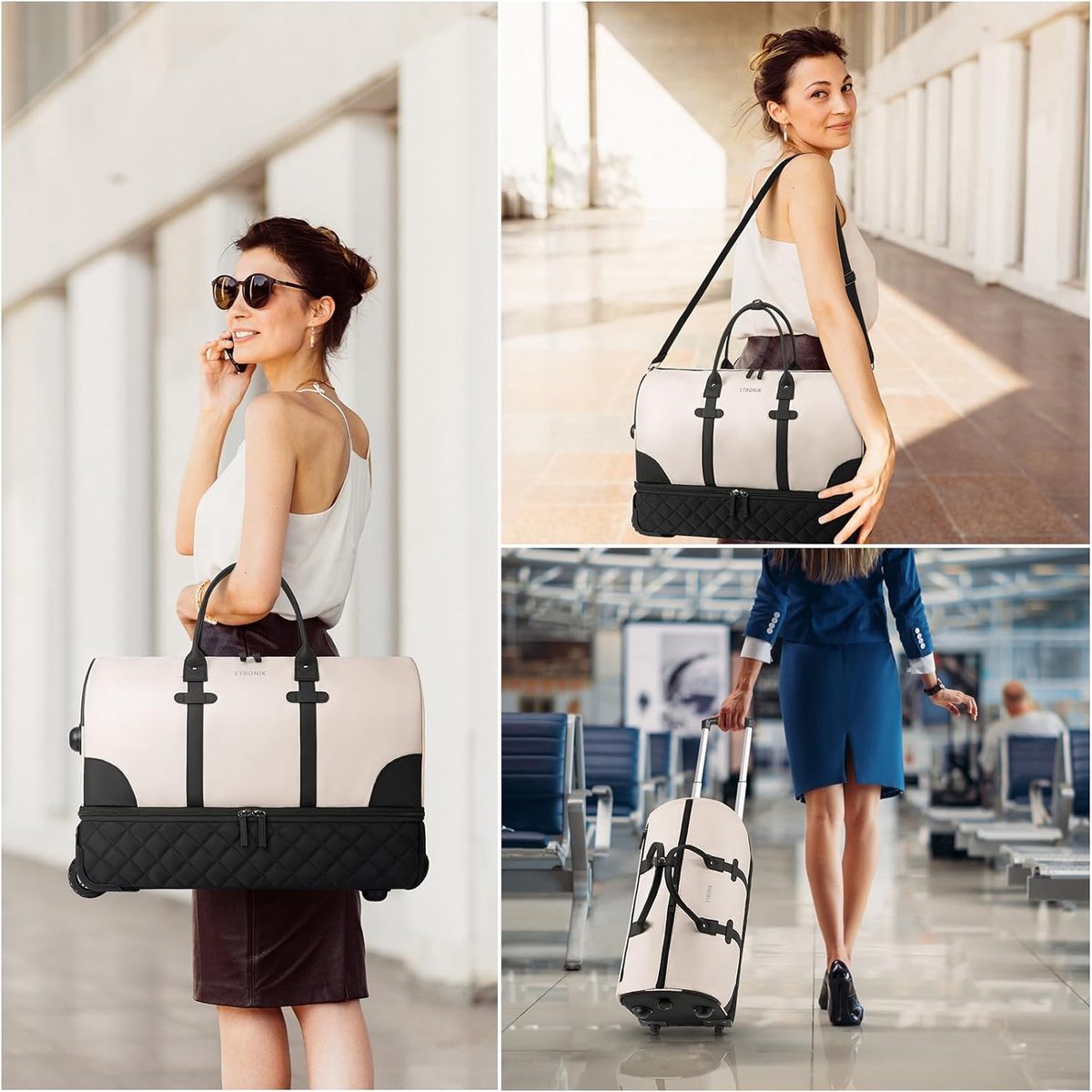 wheeled travel bag, travel bag, 21 inch women's travel bag with makeup bag, 21x14x9 inch flight approved weekender with wheels