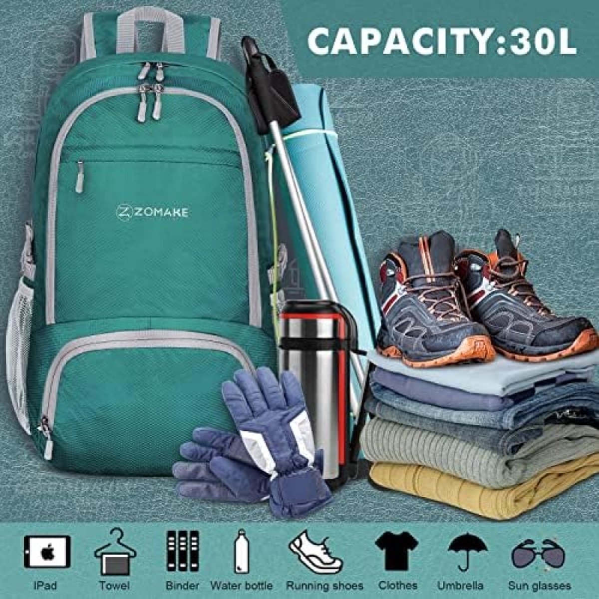 Ultralichte Opvouwbare Rugzak 30L, Kleine Waterdichte Wandelrugzak, Opvouwbare Rugzak voor Dames en Heren, Outdoor Wandelen Kamperen Reizen (Legergroen)