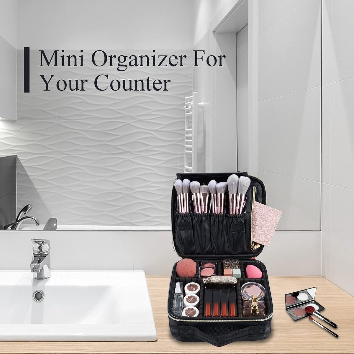 Make-uptas, make-uptas, reisorganizer, make-uptas met handvat en verstelbare verdelers, zwart