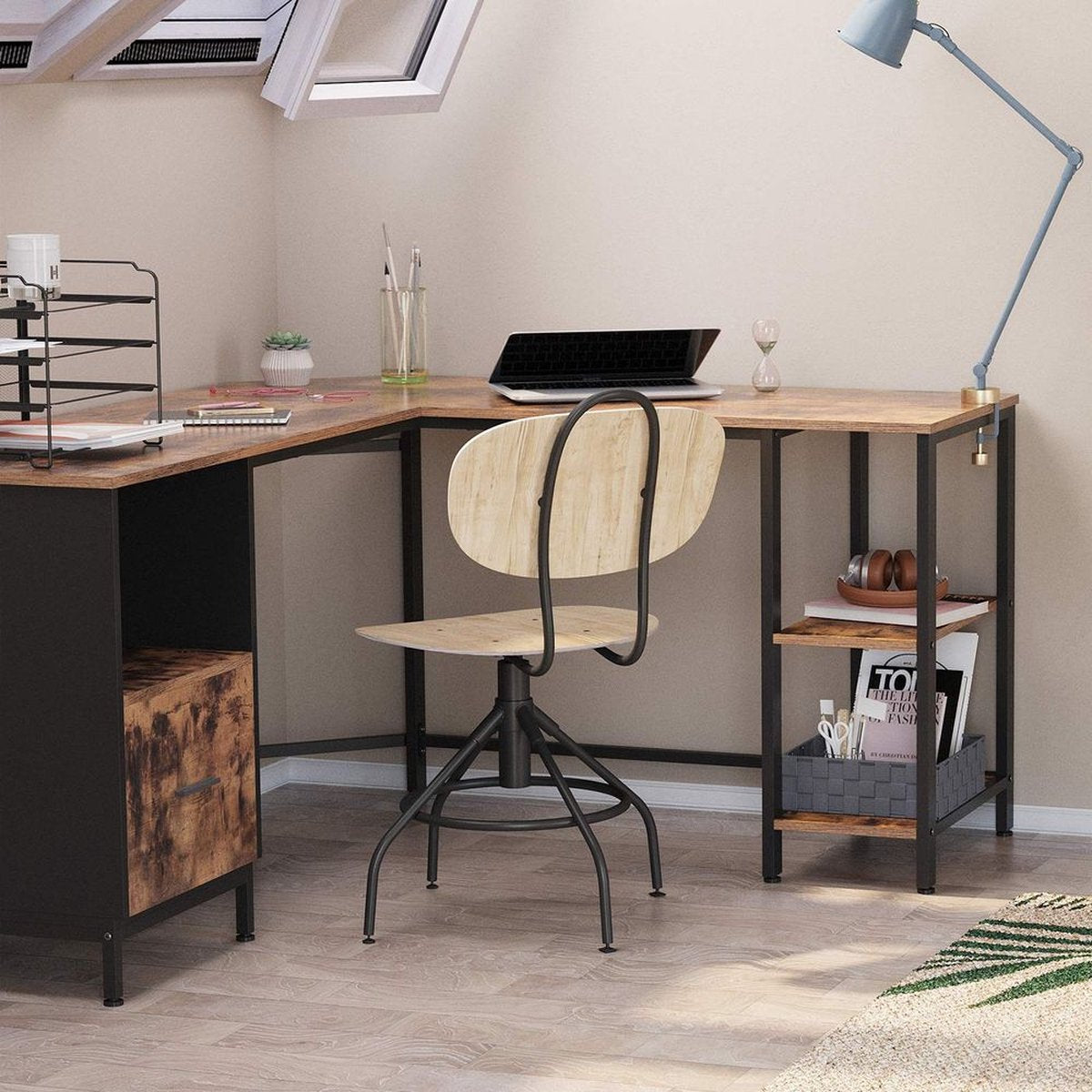 Hoekbureau - Computerbureau - Met Ladeblok - Houten Blad - Industriële Look - Bruin