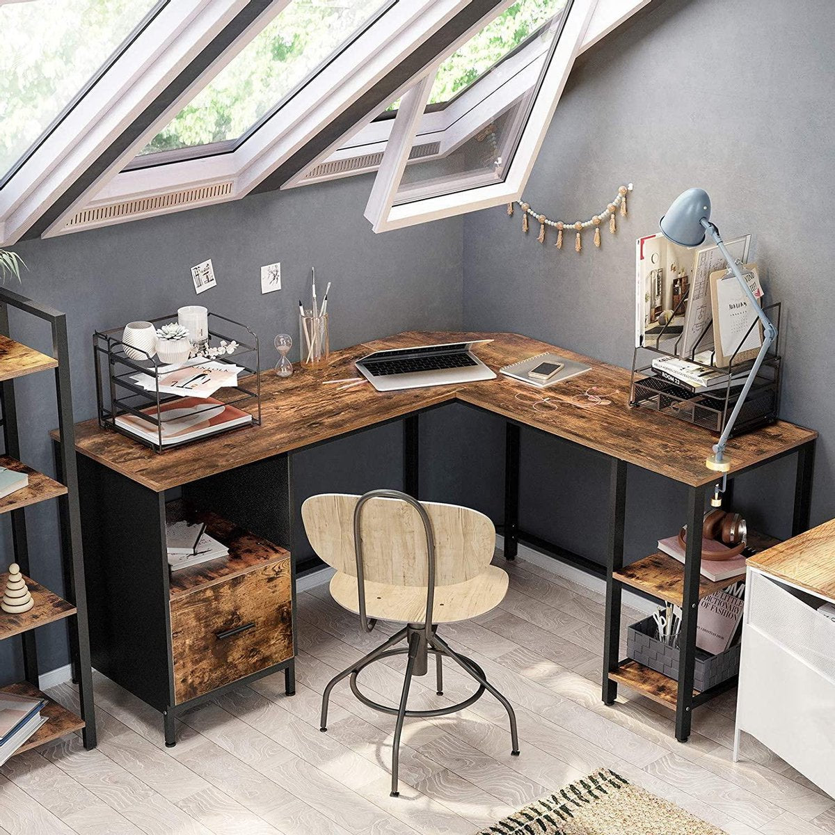 Hoekbureau - Computerbureau - Met Ladeblok - Houten Blad - Industriële Look - Bruin