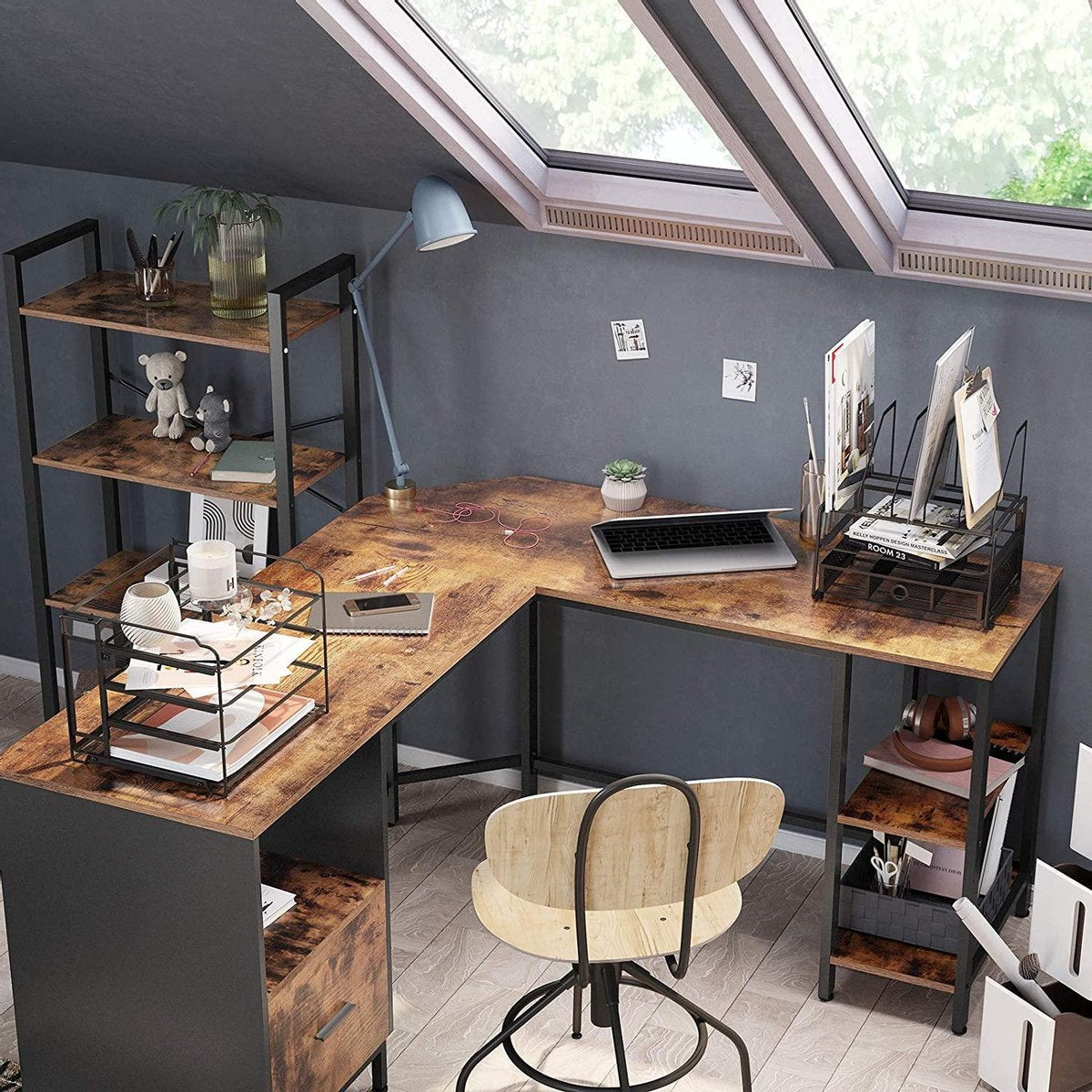 Hoekbureau - Computerbureau - Met Ladeblok - Houten Blad - Industriële Look - Bruin