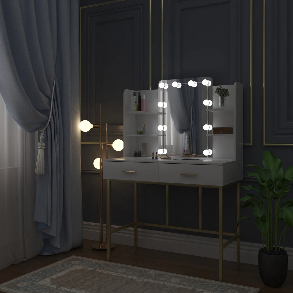 Make Up Tafel - Kaptafel Met Spiegel - Kaptafel met spiegel en verlichting - Slaapkamer Luxe - Wit/Goud