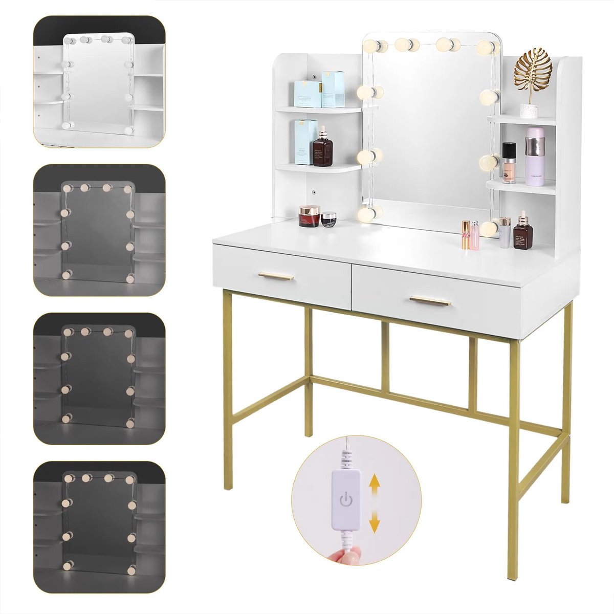 Make Up Tafel - Kaptafel Met Spiegel - Kaptafel met spiegel en verlichting - Slaapkamer Luxe - Wit/Goud