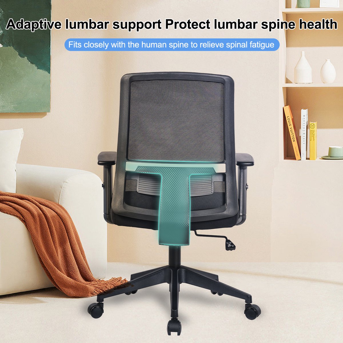 Office chair - Office chair with wheels - With mesh and soft seat - For home office and at the desk - Black swivel chair