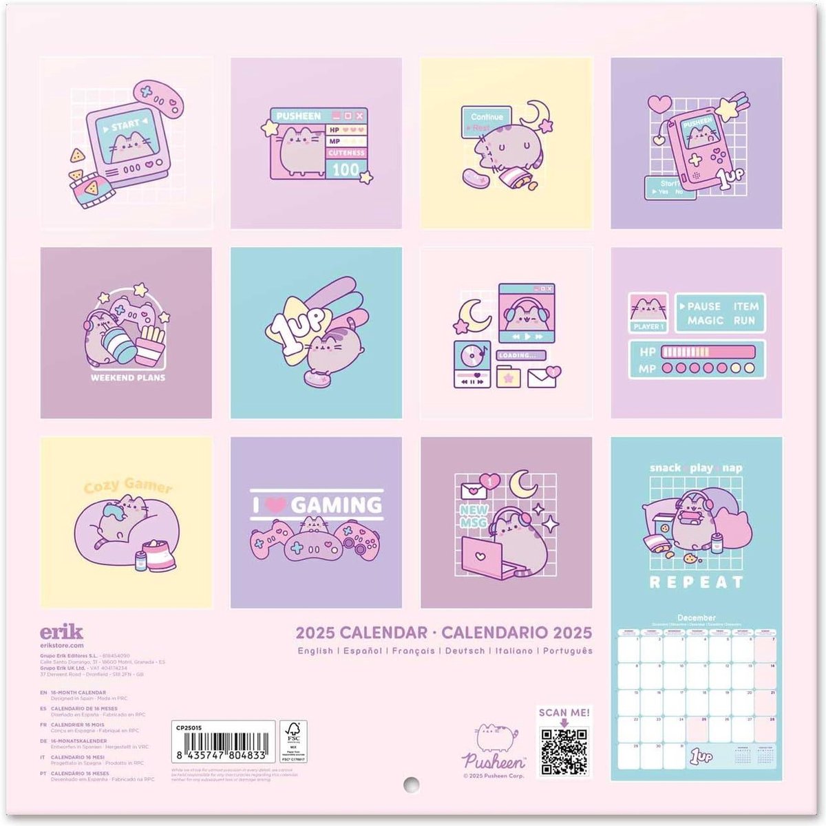 Kalender 2025 30x30 cm Pusheen Wandkalender 12 maanden - FSC-gecertificeerde brochurekalender - Inclusief bonus 4 maanden kalender 2025 maandkalender
