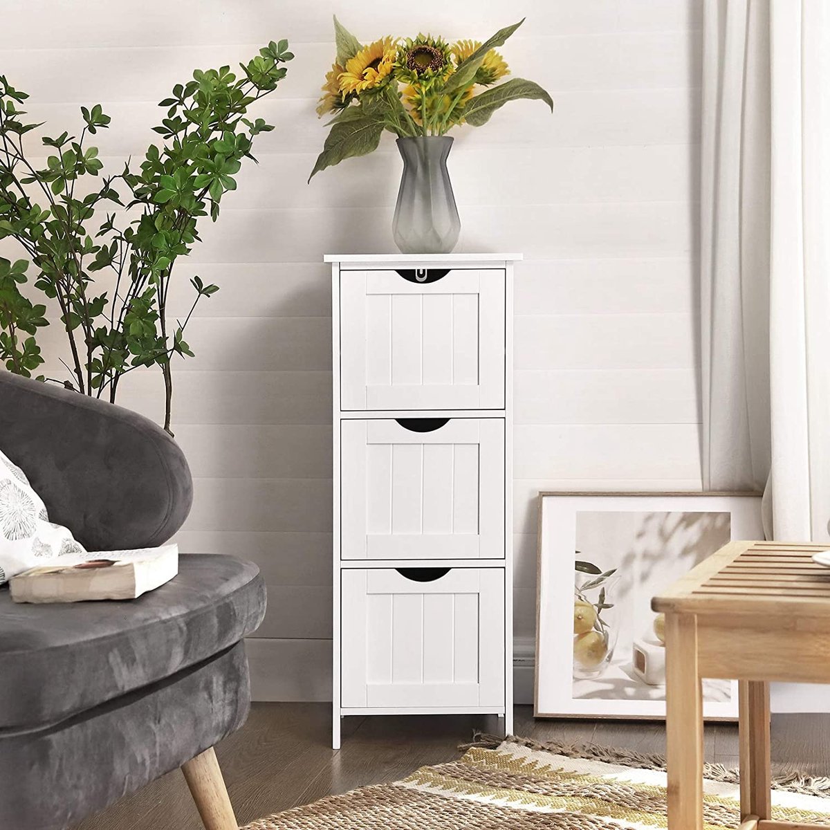 Badkamermeubel, opbergkast, smal badkamermeubel met 3 lades, 32 x 30 x 81 cm, badkamer, woonkamer, slaapkamer, keuken, Scandinavische stijl, mat wit BBC50WT