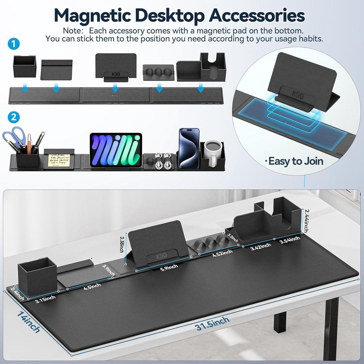 Bureauonderlegger en Organizer Set, 6-in-1 Muismat met Magnetische Bureau-opslag Accessoires DIY Organisatie voor Mobiele Telefoon en Tablet Standaard/Crusherhouder/Kaarthouder/Penhouder voor Kantoor
