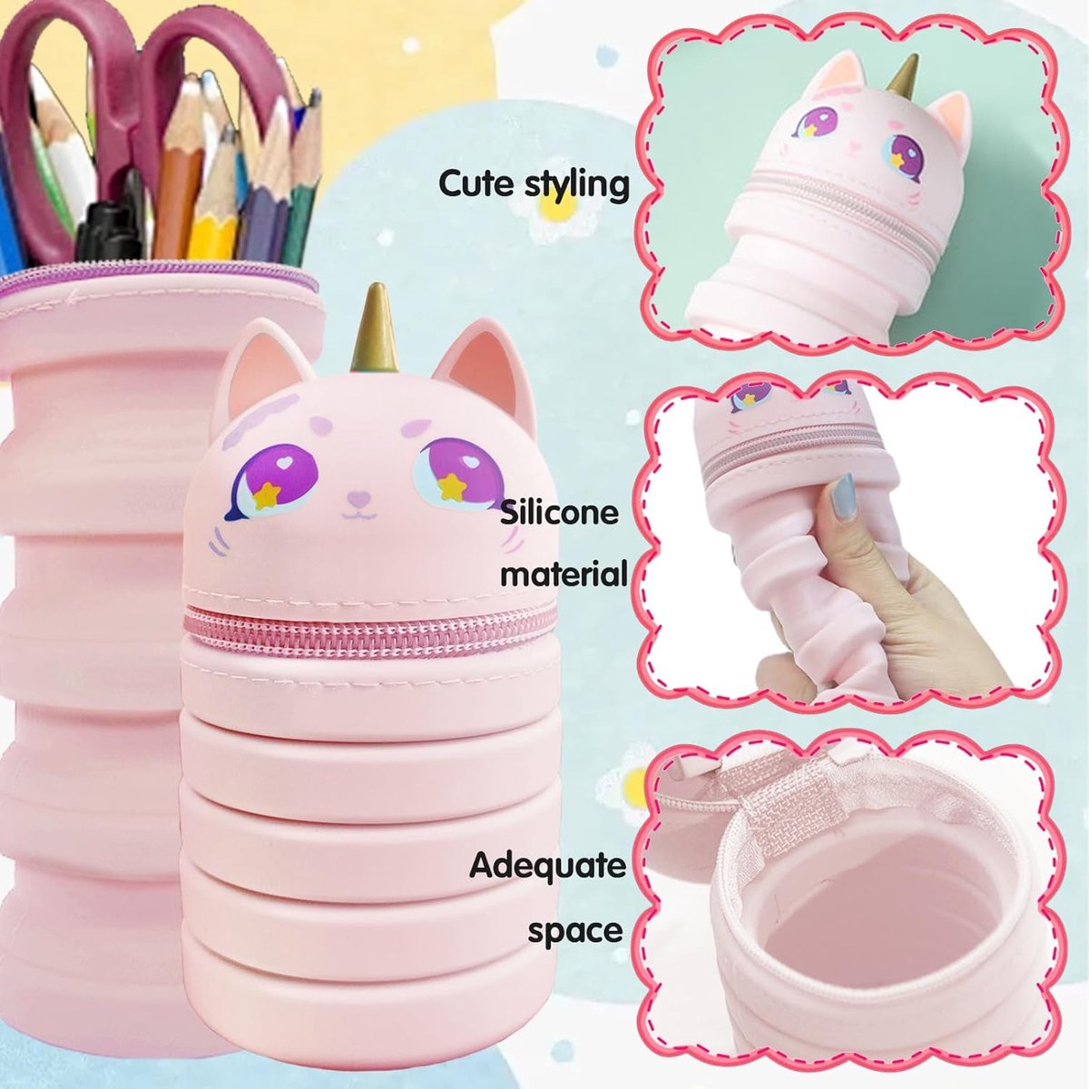 Etui klein, 2-in-1 Kawaii pennenetui voor kinderen en pennenhouder, telescopisch etui voor jongens, siliconen pennenetui voor meisjes en jongens, tieners, cadeau voor de eerste schooldag (ABC), roze