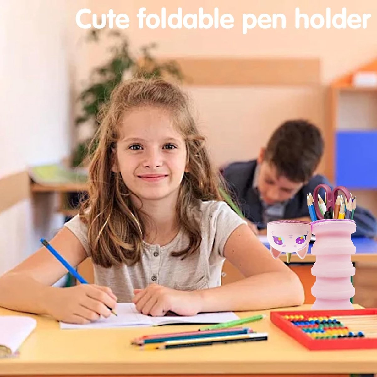 Etui klein, 2-in-1 Kawaii pennenetui voor kinderen en pennenhouder, telescopisch etui voor jongens, siliconen pennenetui voor meisjes en jongens, tieners, cadeau voor de eerste schooldag (ABC), roze