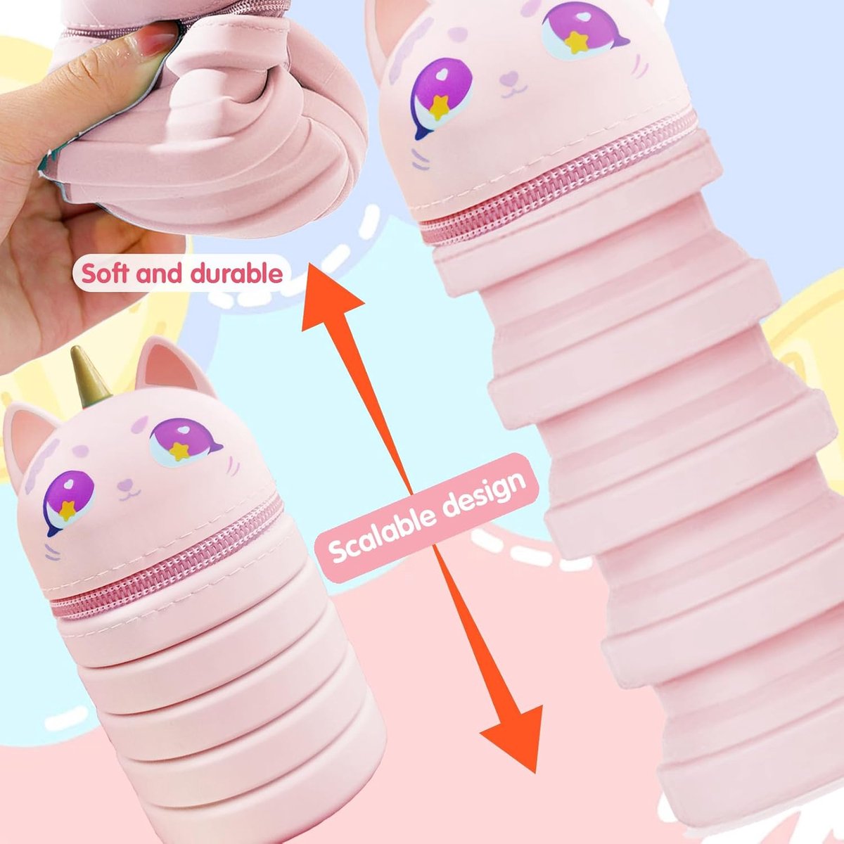 Etui klein, 2-in-1 Kawaii pennenetui voor kinderen en pennenhouder, telescopisch etui voor jongens, siliconen pennenetui voor meisjes en jongens, tieners, cadeau voor de eerste schooldag (ABC), roze