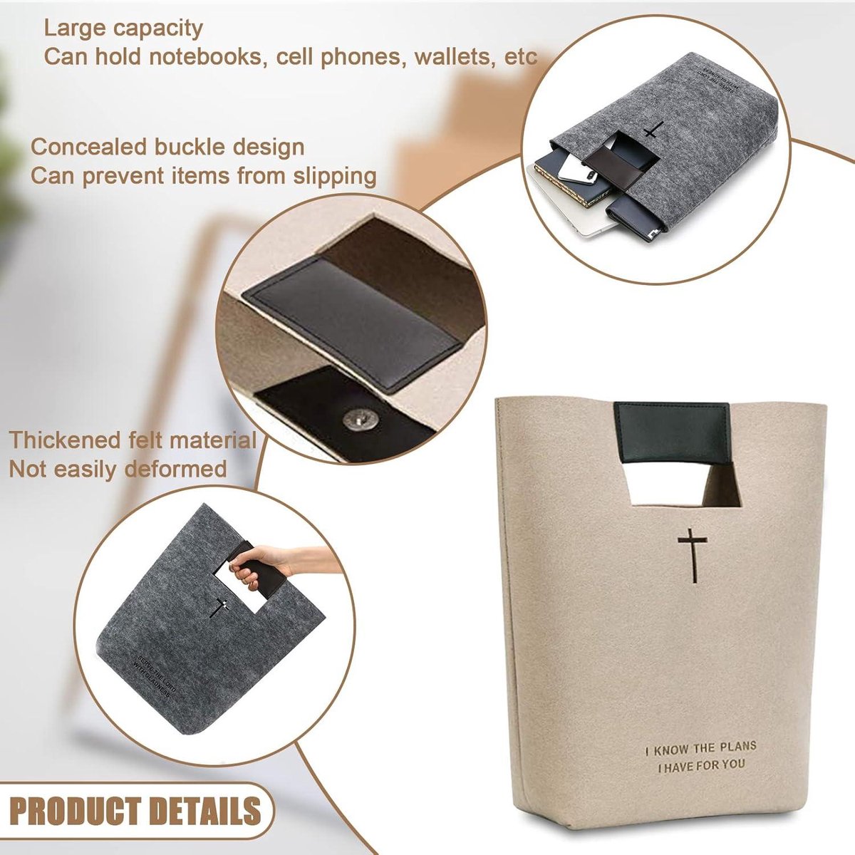 Bible-protecting carry bag - Felt Bible cover with cross design - beige Bible cover
