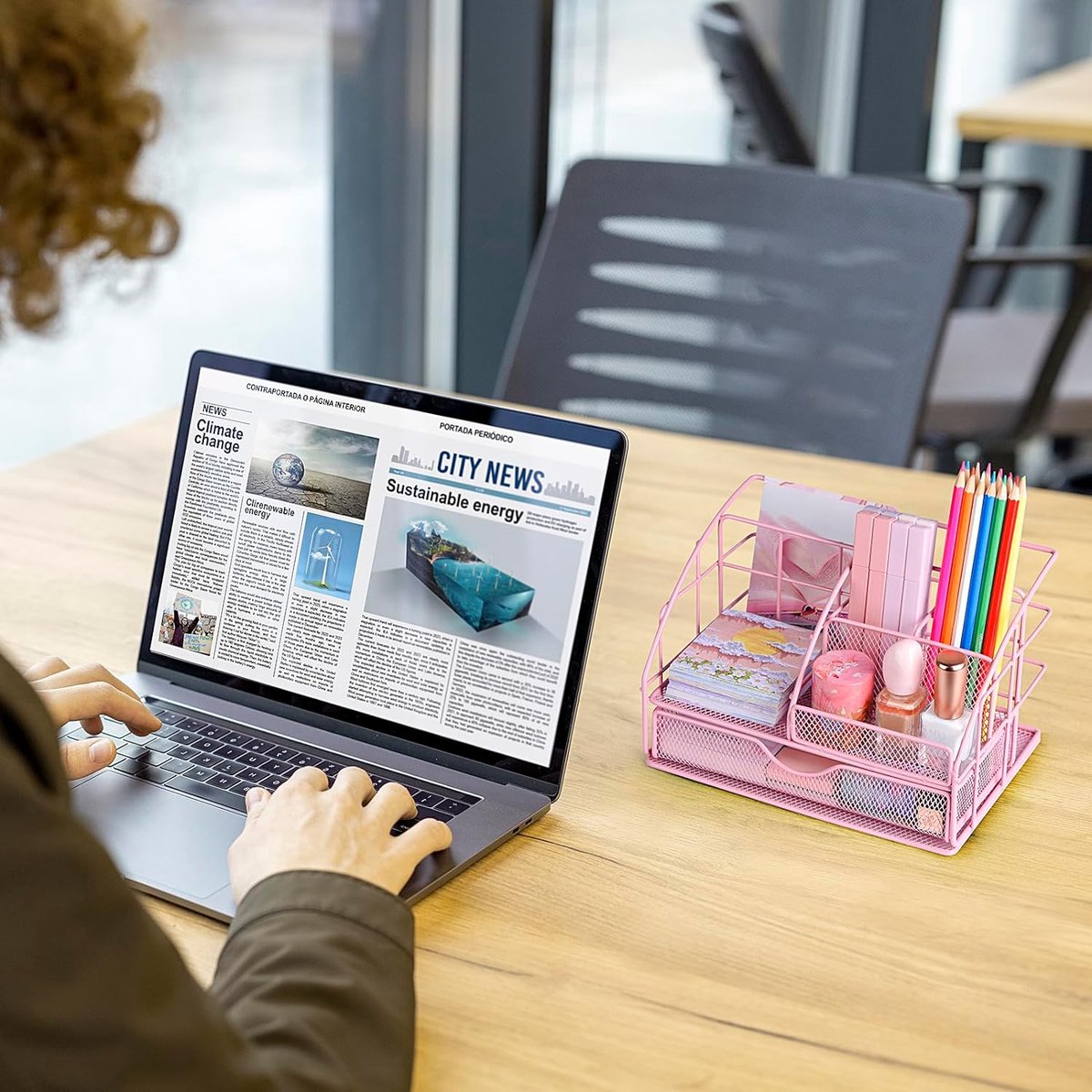 Children's Desk Organizer for Girls, Pen Holder, Table Organizer with Pen Trays and Drawer, Made of Metal, Mesh for Office and School, Pink