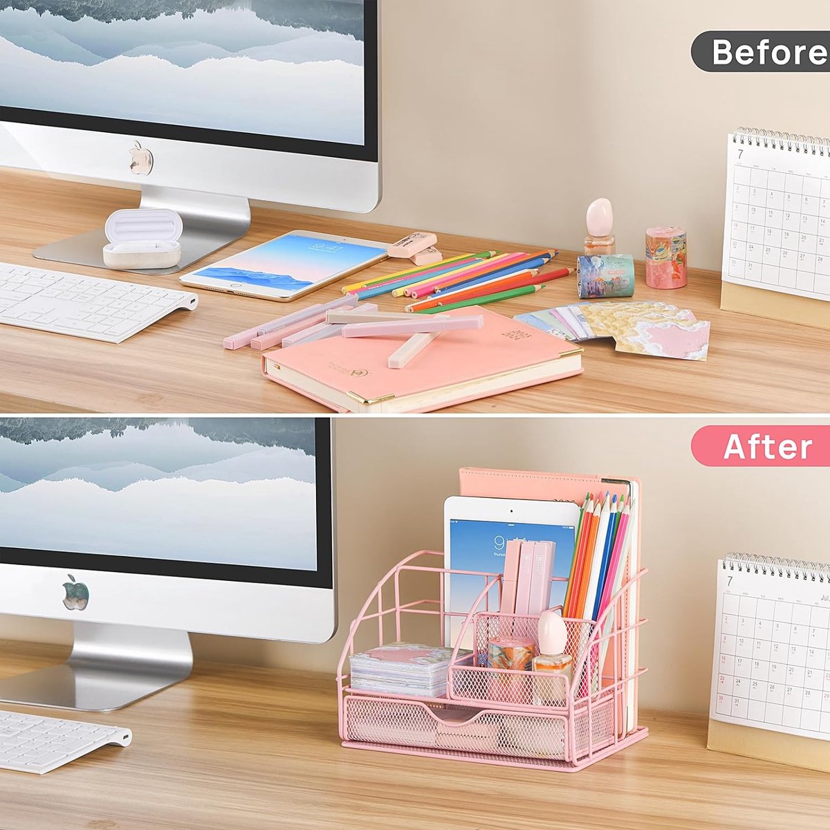 Children's Desk Organizer for Girls, Pen Holder, Table Organizer with Pen Trays and Drawer, Made of Metal, Mesh for Office and School, Pink