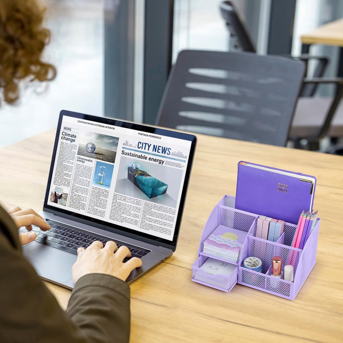 Kinderbureau-organizer voor meisjes, pennenhouder, tafelorganizer met pennenplateaus en lade van metaal, net voor kantoor en school, paars