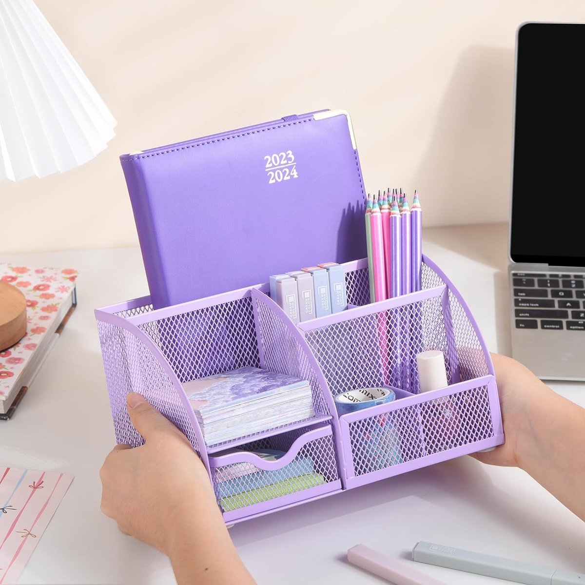 Kinderbureau-organizer voor meisjes, pennenhouder, tafelorganizer met pennenplateaus en lade van metaal, net voor kantoor en school, paars
