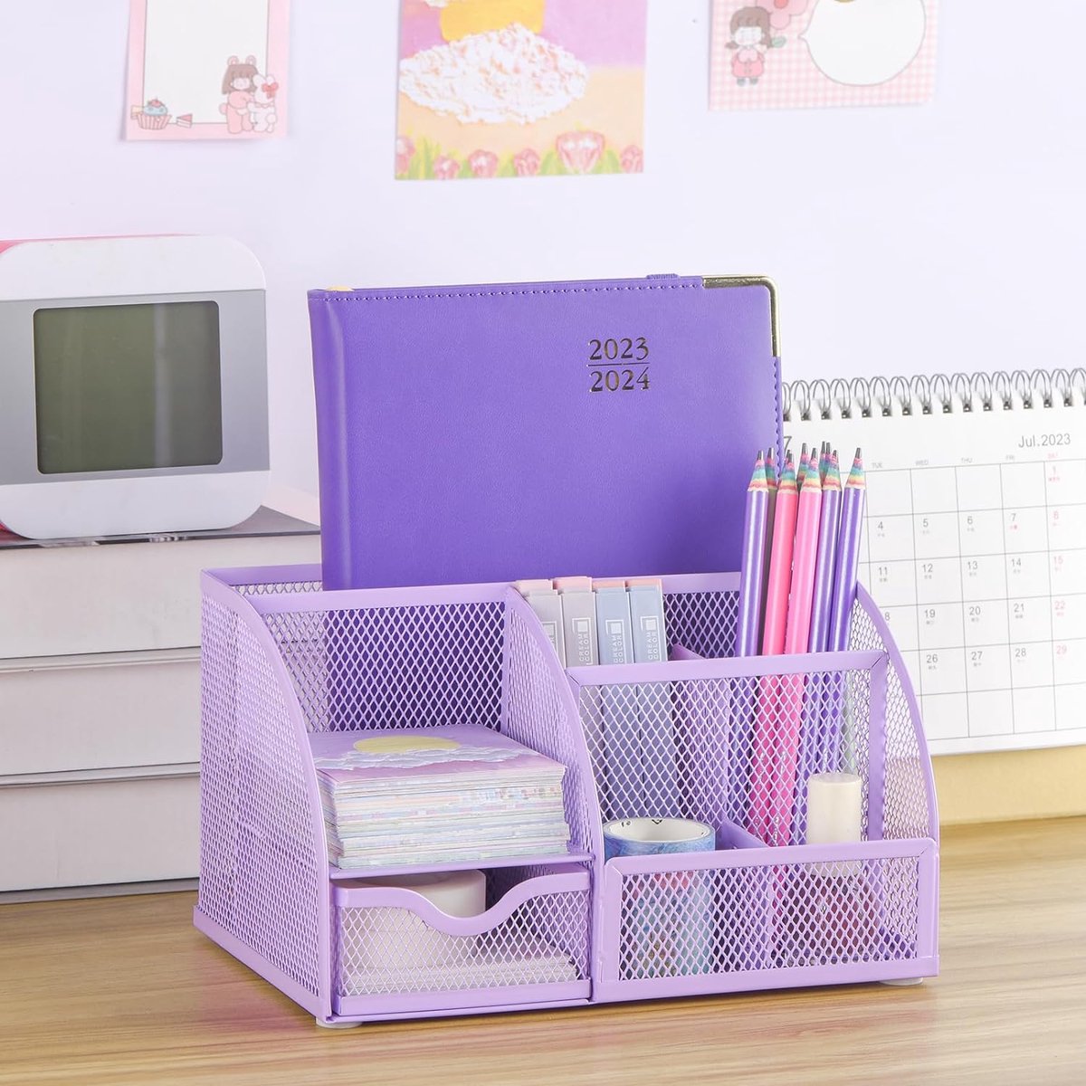 Kinderbureau-organizer voor meisjes, pennenhouder, tafelorganizer met pennenplateaus en lade van metaal, net voor kantoor en school, paars