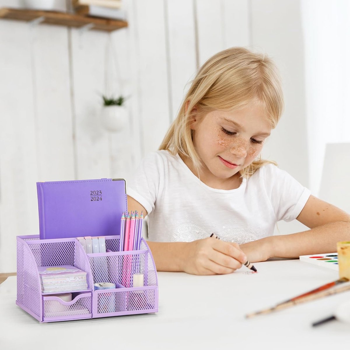 Kinderbureau-organizer voor meisjes, pennenhouder, tafelorganizer met pennenplateaus en lade van metaal, net voor kantoor en school, paars