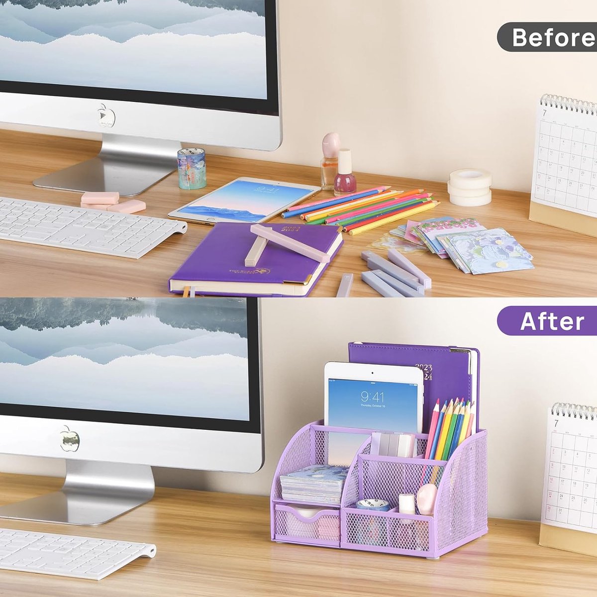 Kinderbureau-organizer voor meisjes, pennenhouder, tafelorganizer met pennenplateaus en lade van metaal, net voor kantoor en school, paars