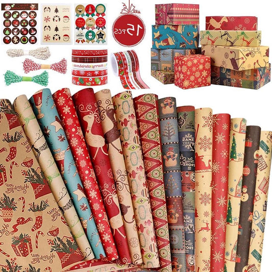Inpakpapier Grote Vellen Eco Recyclebaar Cadeaupapier - Grehge Kerst Vintage Kraft 70x50cm - 37 Kerst Labels Stickers - Set van 9 Lintjes