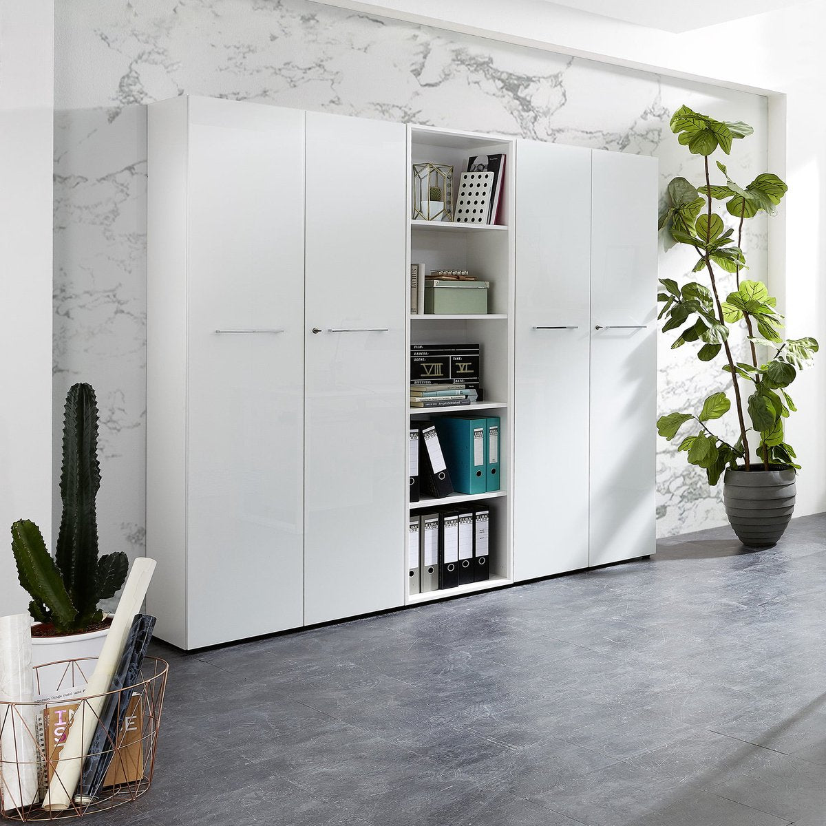 Tall closed office cabinet Destin White - Width 80 cm - Height 196 cm - Depth 37 cm - With shelves - With hinged doors