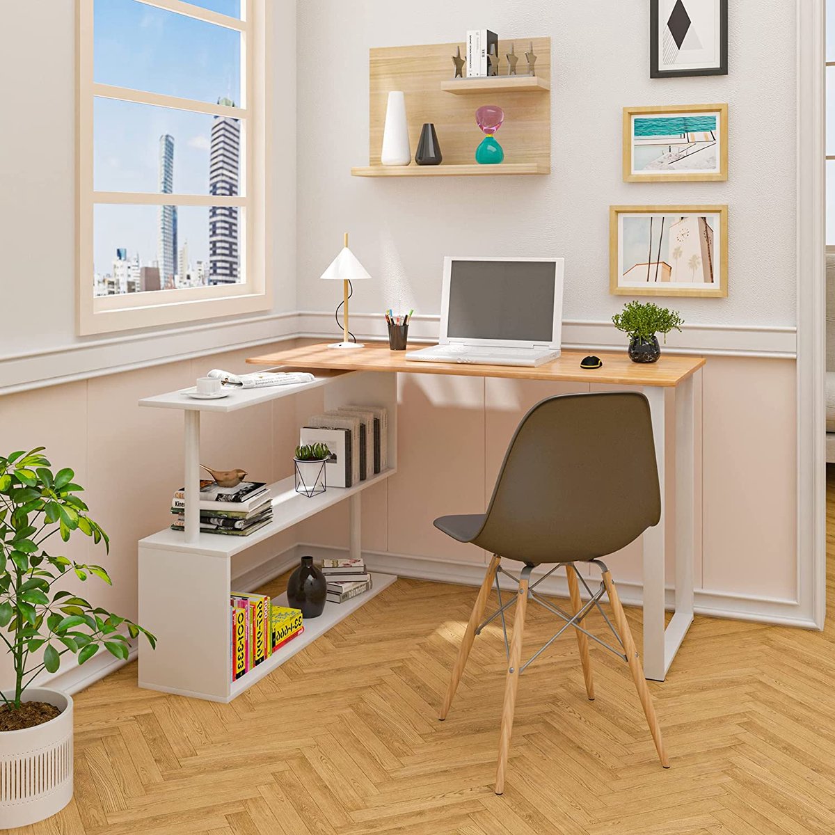 Desk TS65hei Corner Desk Corner Combination Computer Table Desk Work Table PC Laptop Table with Shelves, 120x100x74cm (WxDxH), MDF, Light Oak