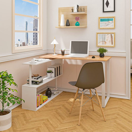 Desk TS65hei Corner Desk Corner Combination Computer Table Desk Work Table PC Laptop Table with Shelves, 120x100x74cm (WxDxH), MDF, Light Oak
