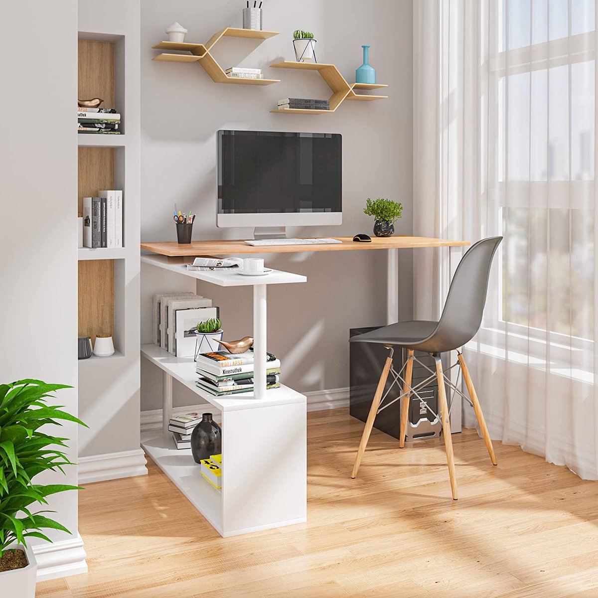 Desk TS65hei Corner Desk Corner Combination Computer Table Desk Work Table PC Laptop Table with Shelves, 120x100x74cm (WxDxH), MDF, Light Oak