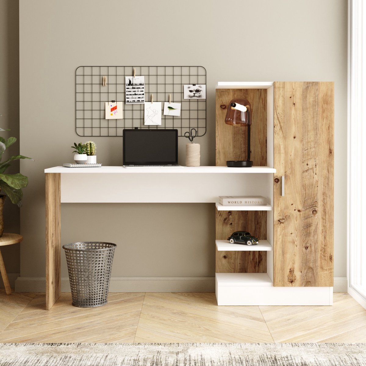 Bureau met Kast Combinatie - Stijlvol Eiken & Wit - Ruimtebesparend 152,3x120x40cm - Duurzaam Melamine