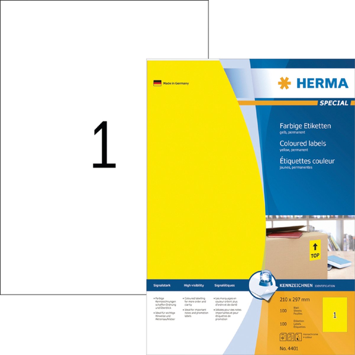 Herma gekl. etik. geel 210x297 100 vel DIN A4 100 stuks 4401