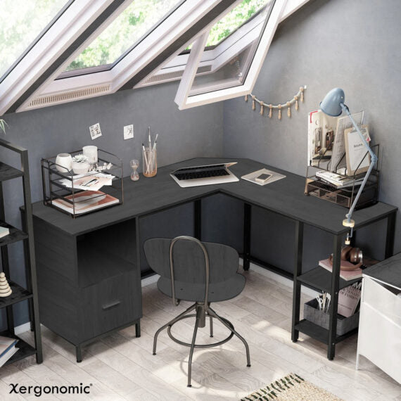 Xergonomic Industrial Corner Desk with Cabinet