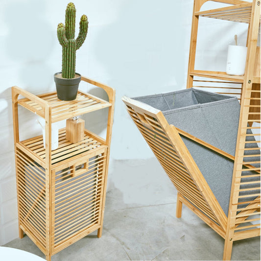 Bathroom rack with laundry basket - Bamboo wood - Bathroom cabinet - Bathroom furniture - 2 tiers - laundry bag - Foldable laundry basket