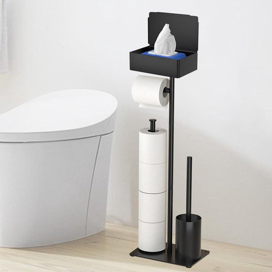 Toilet Paper Holder with Toilet Brush - Black Stainless Steel - Wet Wipes Box - Standing Paper Holder for Kitchen and Bathroom Toilet Butler