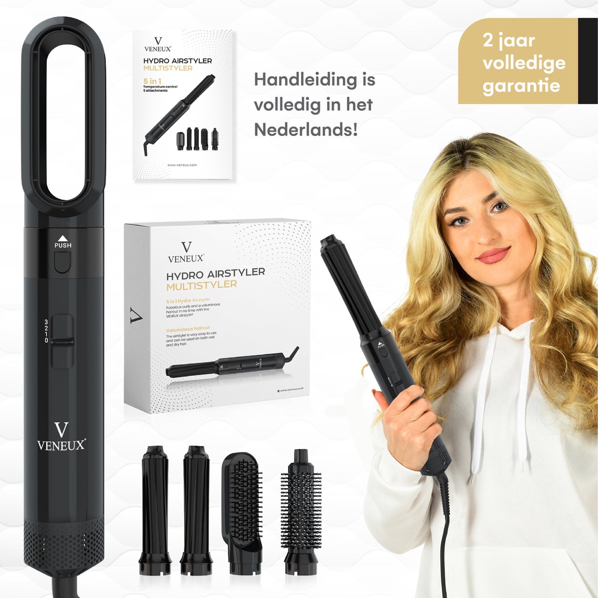 VENEUX® Föhnborstel - Airstyler - Krulborstel - Krultangen - 5-in-1 Multistyler - Zwart