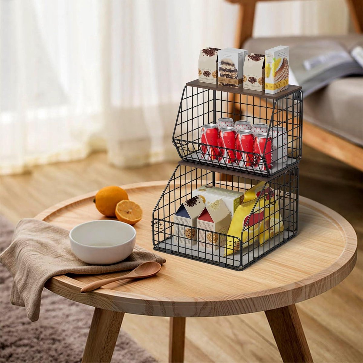 Hangende Fruitschaal - 2 Stuks Fruitmand Wandfruitmand Keukenorganizer met Houten Deksel - Stapelbare Groentemand voor Groenten Fruit Snacks Broodhouder
