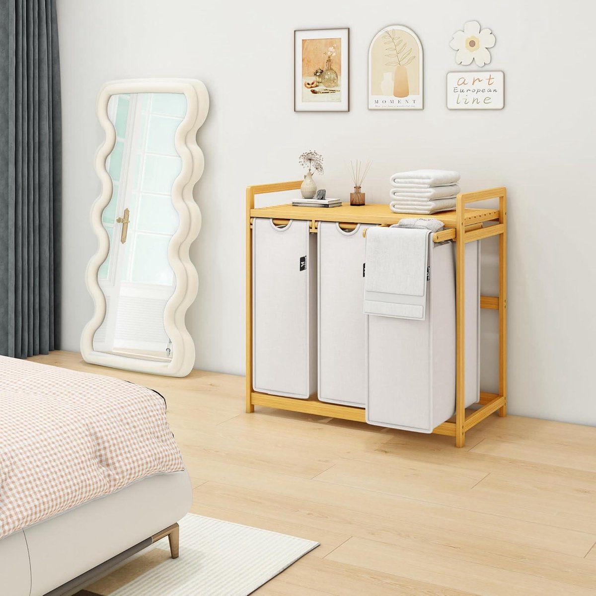 Wasmand met bamboeframe 150 l 3 vakken boogdesign wassorteerder lichtgrijs 06-16 - extra groot formaat duurzaamheid wasmand 3 vakken