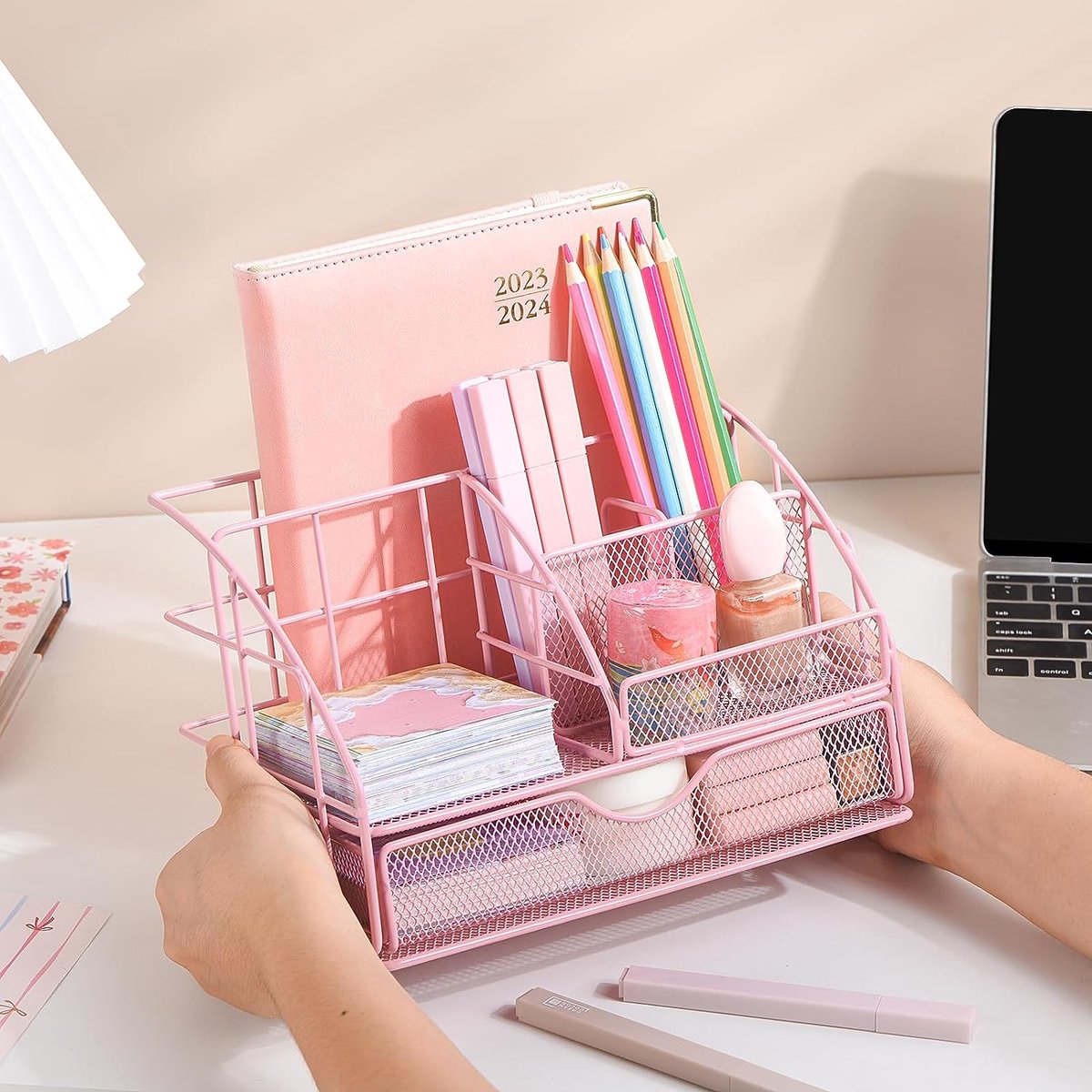 Children's Desk Organizer for Girls, Pen Holder, Table Organizer with Pen Trays and Drawer, Made of Metal, Mesh for Office and School, Pink