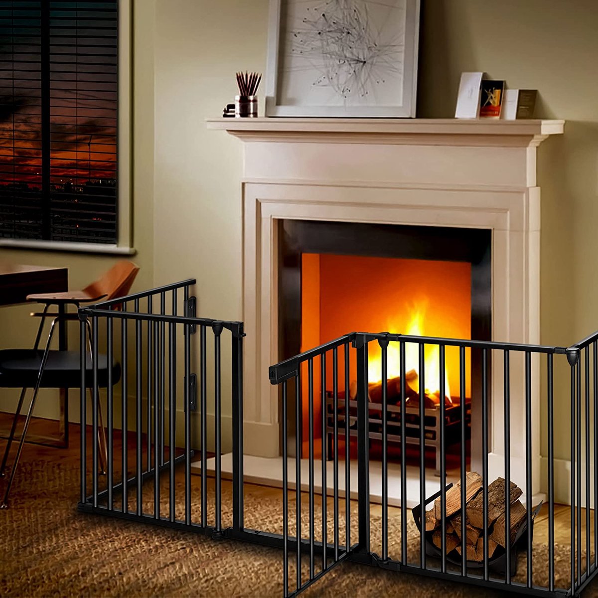 NaSK - Metalen Veiligheidshek 305 cm - Voor Huisdieren & Kinderen - Kachelhek, Vouwbaar Veiligheidsrooster voor Oven - Configuratierooster incl. 5 elementen, deur