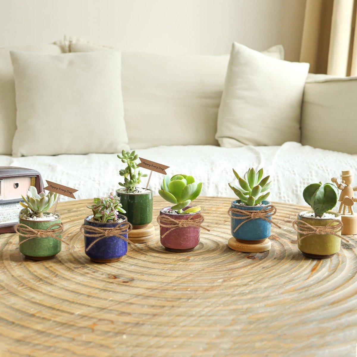 6CM Gekleurde Keramische Vetplantenpot Set van 6 - Binnen Vetplant Bloempot met Bamboe Schotel en Afvoergat voor Succulenten - Decoratieve Cadeau Bloempot