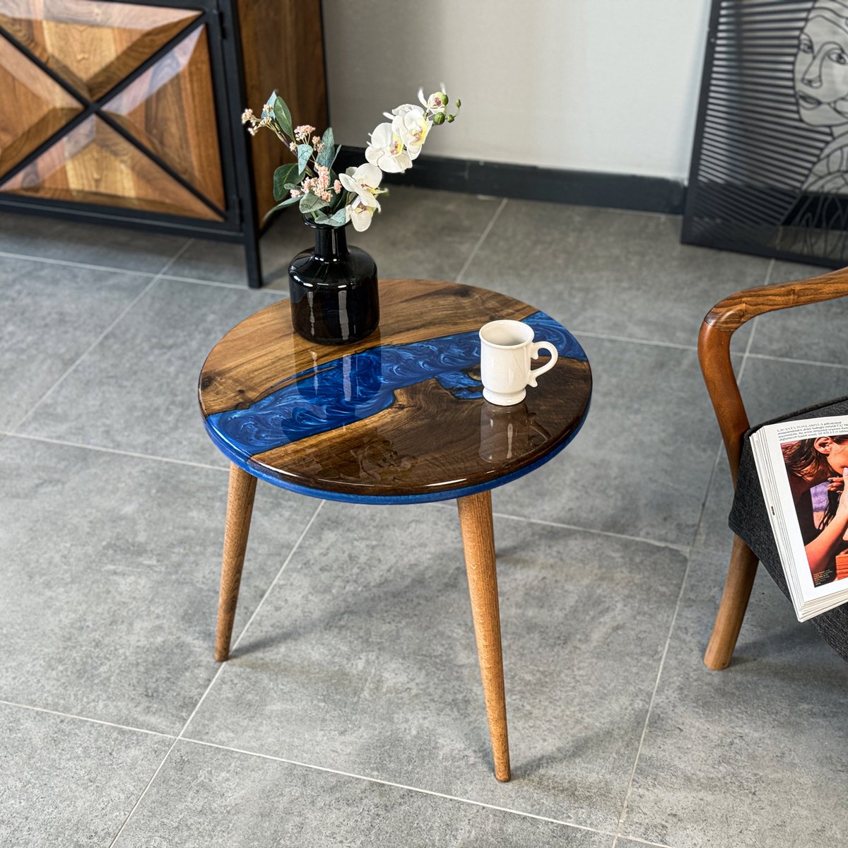 Salontafel - Bijzettafel Rond - Epoxy Bijzettafel - Epoxy - Bijzettafel Hout - Walnoot