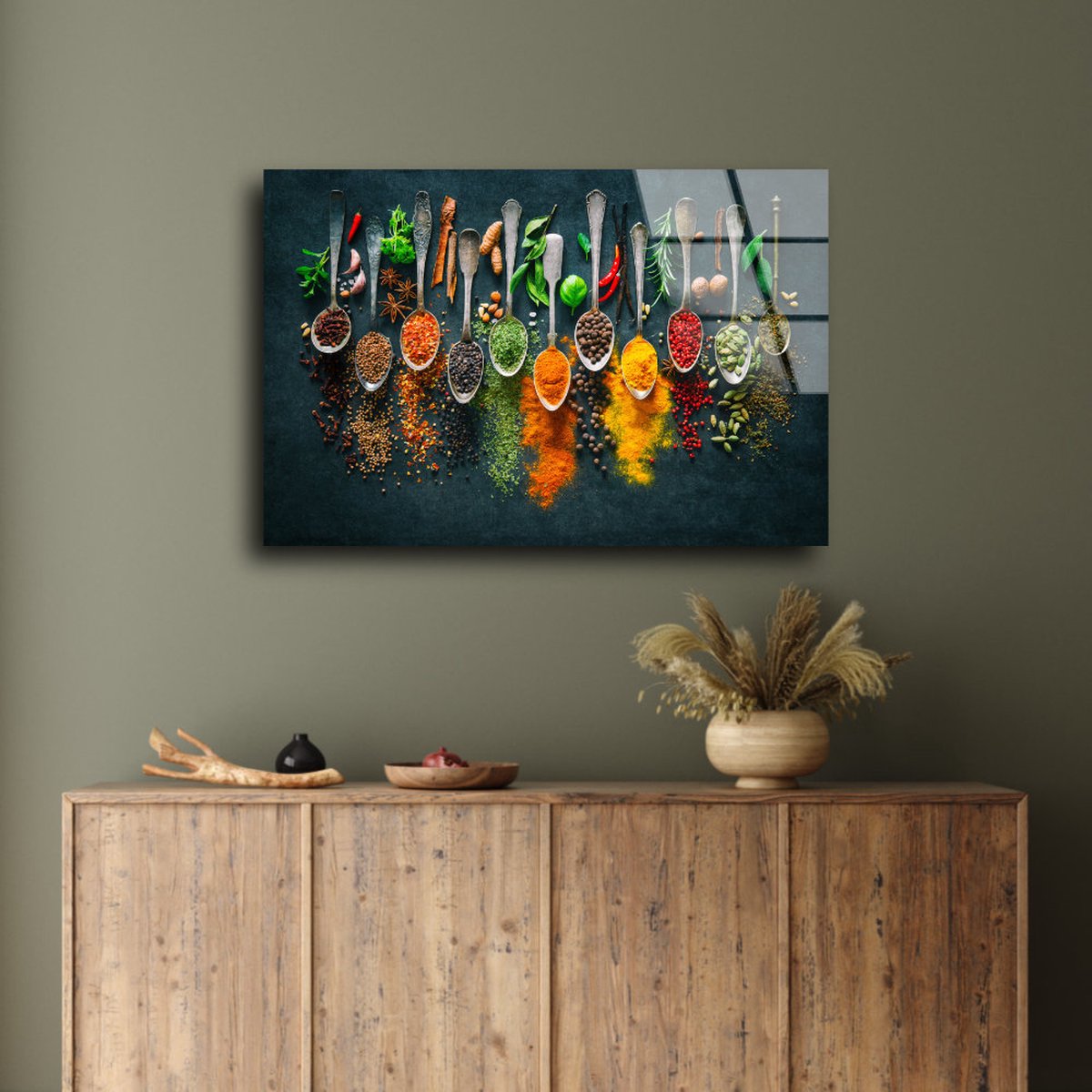 Glass painting Spices 9 Herbs | 80 x 60 cm | Acrylic Glass Paintings | Durable Product | Photo on Glass | Wall Decoration