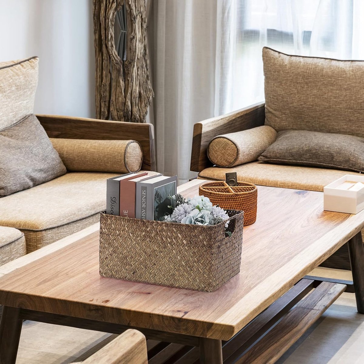 Seagrass Storage Basket Open Basket Living Room Decorative Basket Woven Wicker Fabric Basket Desk Basket Rectangular Bathroom Storage Basket Box, Shelves & Desks