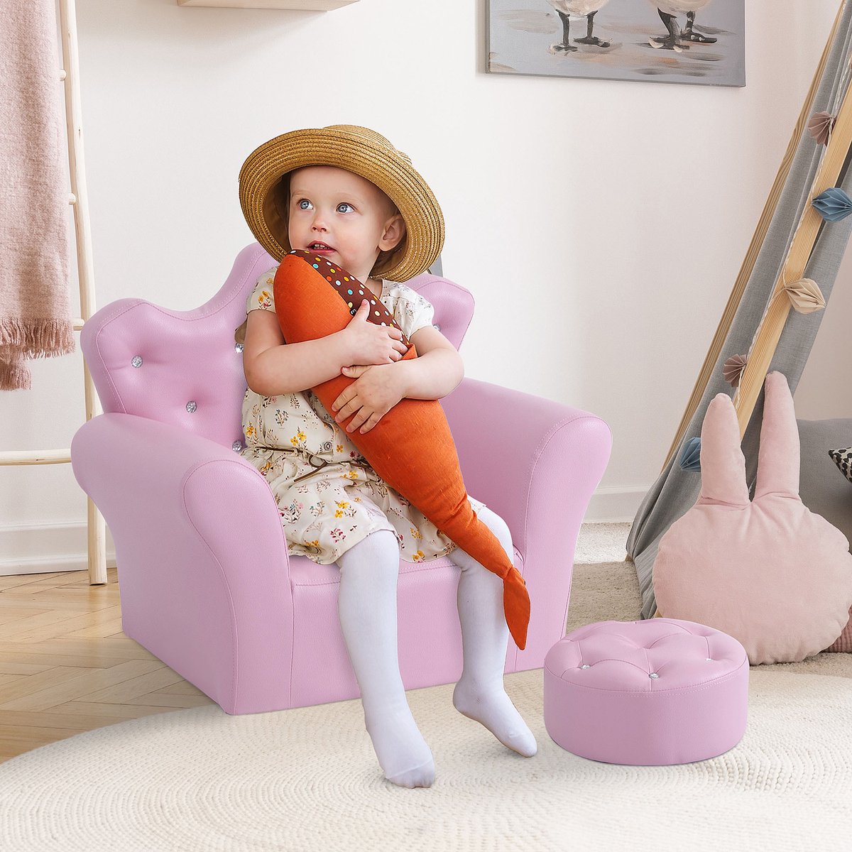 Children's sofa with crystal buttons and ottoman pink